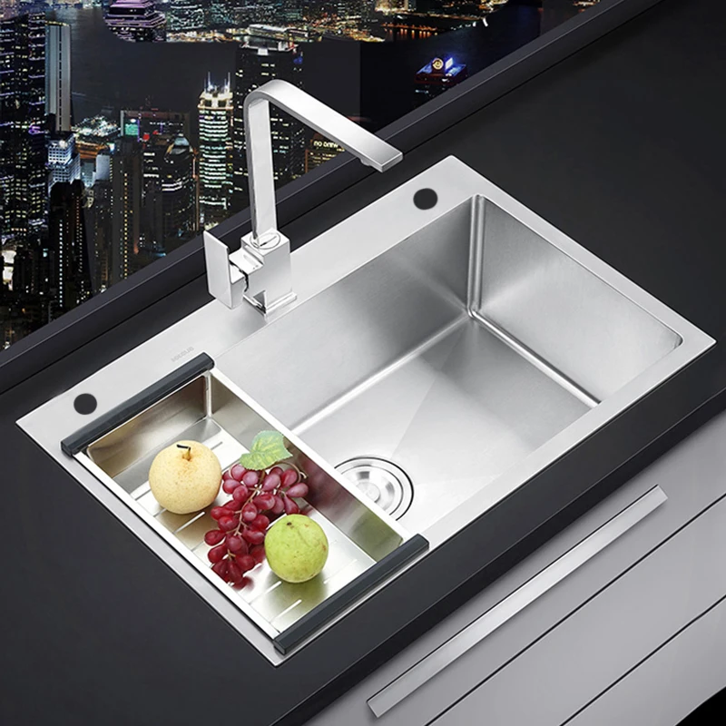 

Stainless Steel Kitchen Sink Single Bowl Handmade Brushed Wash Basin Above Counter For Fixture With Drainage Accessories