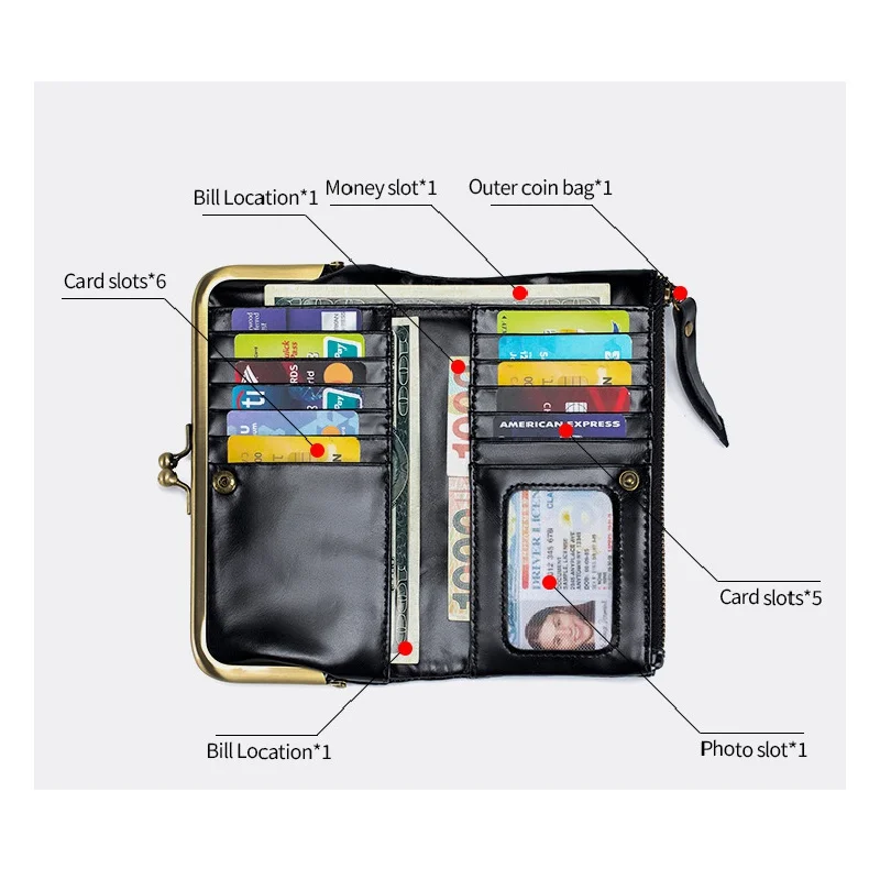 Luxury Genuine Leather Women Long Wallet Zipper Coin Purses Ladies Fold Card Holder Vintage Female Clutch Money Bag