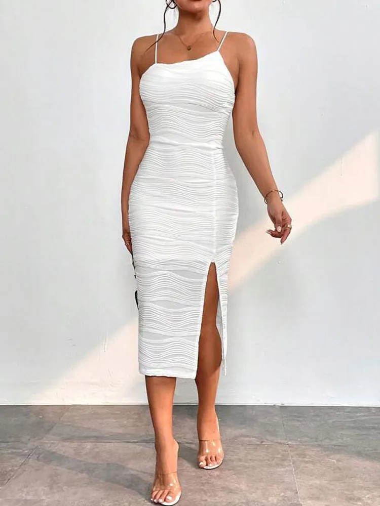 

Women Summer Dresses Sexy Sleeveless Petite Textured Split Thigh Cami Dress Bodycon Party Club Elegant Even Dress White