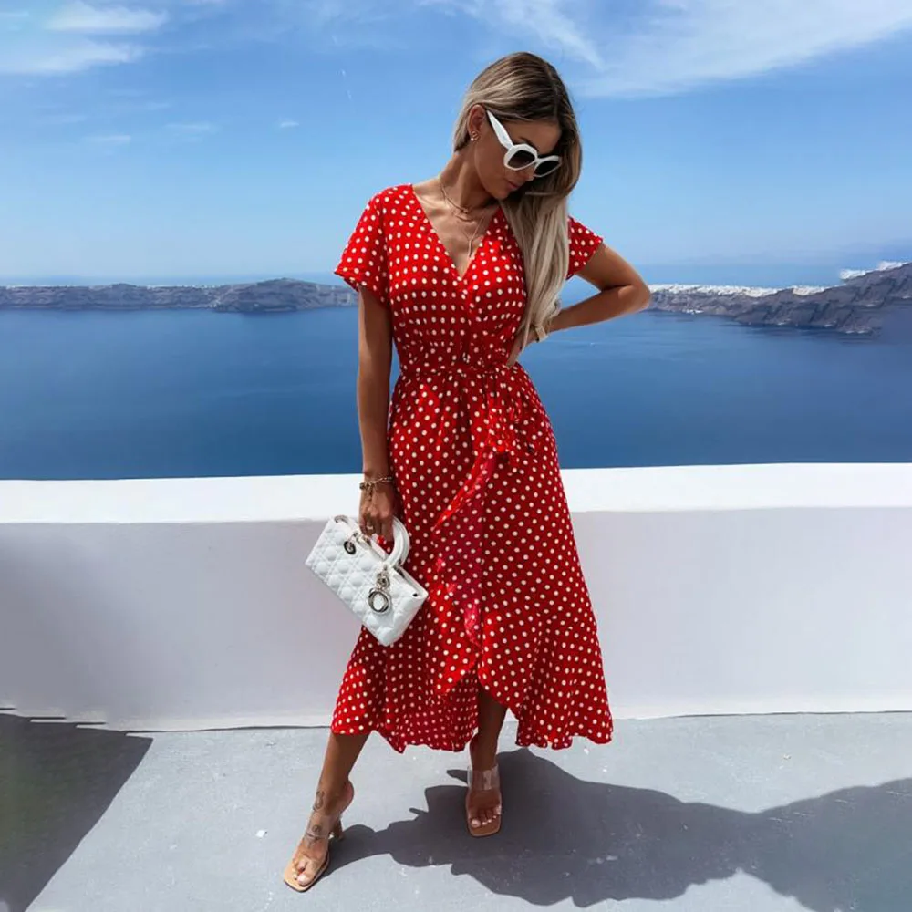 

Summer Woman Chic V-neck Polka Dot Print Ruffles Long Irregular With Belt Dress Women short Sleeve Maxi Beach Dresses Vestidos
