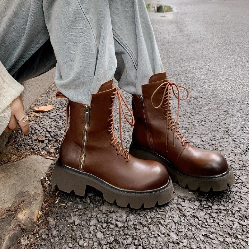 

Женские ботинки на платформе, зимняя обувь в уличном стиле, женская повседневная обувь из воловьей кожи, демисезонные ботильоны с боковой молнией на толстом каблуке