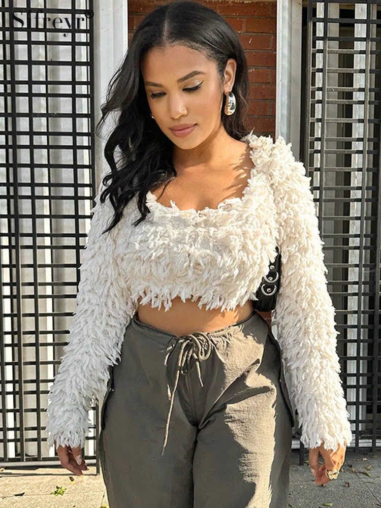 

Женский утепленный короткий топ Sifreyr, с открытым пупком и квадратным вырезом, с длинным рукавом, зимний модный Повседневный Белый Топ для ленивых