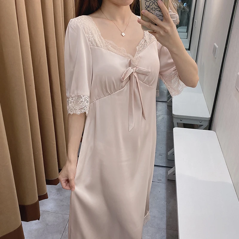 Summer Autumn Nightgowns & Sleepshirts French Women's Short Satin Sleepwear Home Nightshirt Women Causal Ladies Long Women Dress
