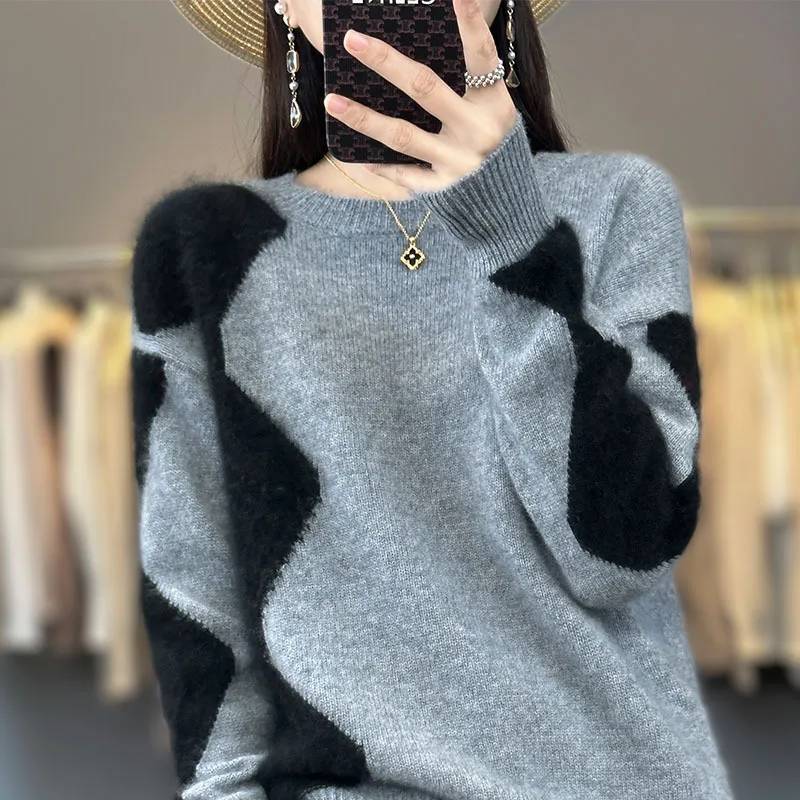 

Winter new pregnant women's round neck pullover thick sweater loose Black