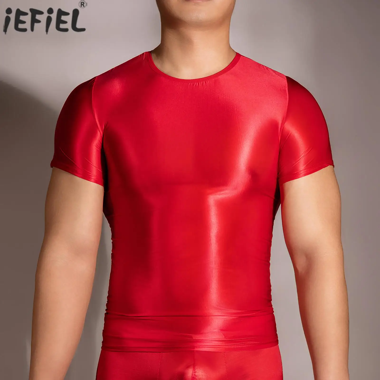 

2023 Mens Seamless Round Neck Short Sleeve Fitting Top Glossy Stretchy Soild Color Ultra-Thin T-Shirt for Bodybuilding Workout