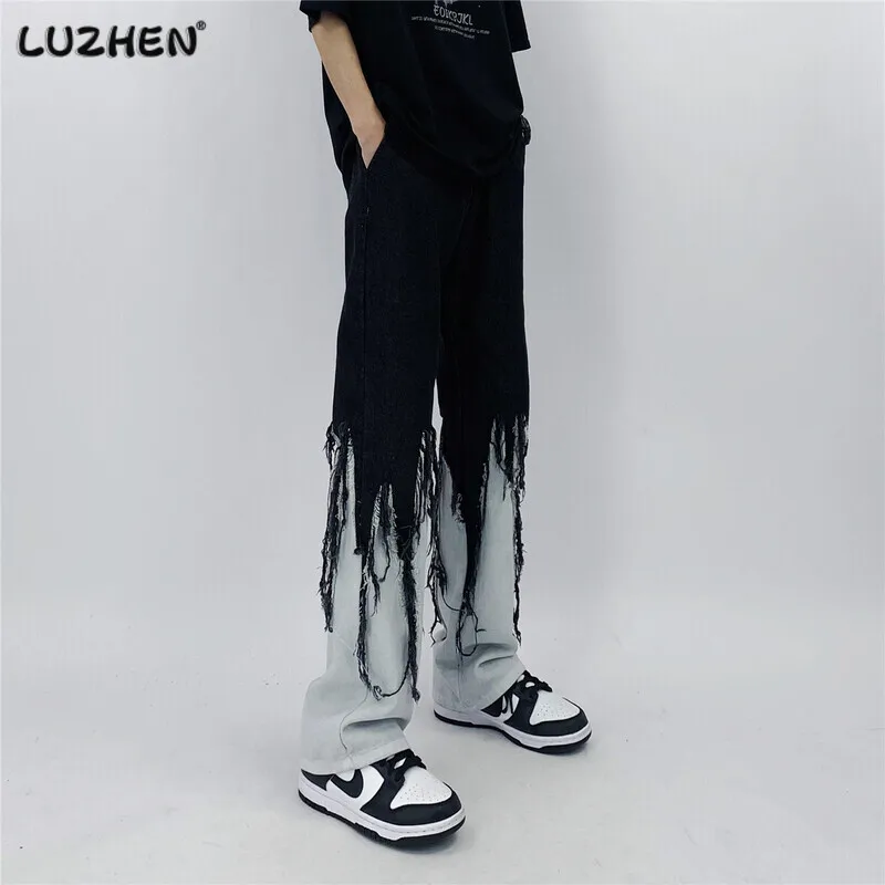 

LUZHEN 2023 Модные индивидуальные мужские прямые брюки с бахромой, контрастные оригинальные уличные брюки 4c7fdb