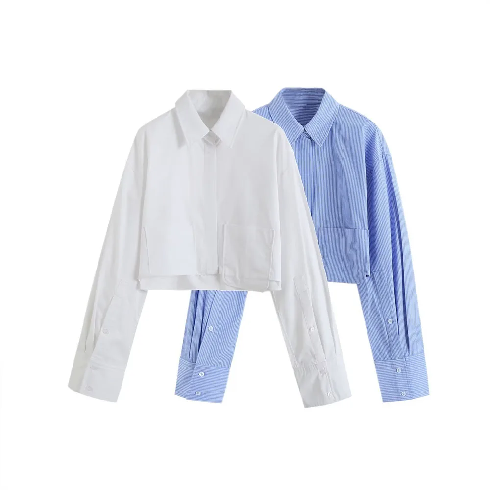 

BER&OYS&ZA2023 early spring new women's fashion lapel chic pocket decorated poplin short high-waisted shirt