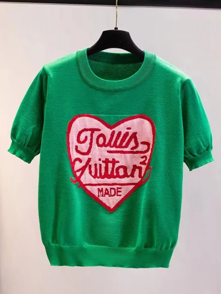 

Женский вязаный свитер с принтом Love, Белый Свободный джемпер из вискозы с коротким рукавом, повседневный Топ, лето 2022