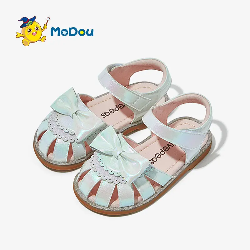 

Mo Dou Girl's Leather Sandals New Baby Soft Toe-wrapped Sweet Bowknot Princess Shoes Solid Non-slip Cozy Hook and Loop Wearable