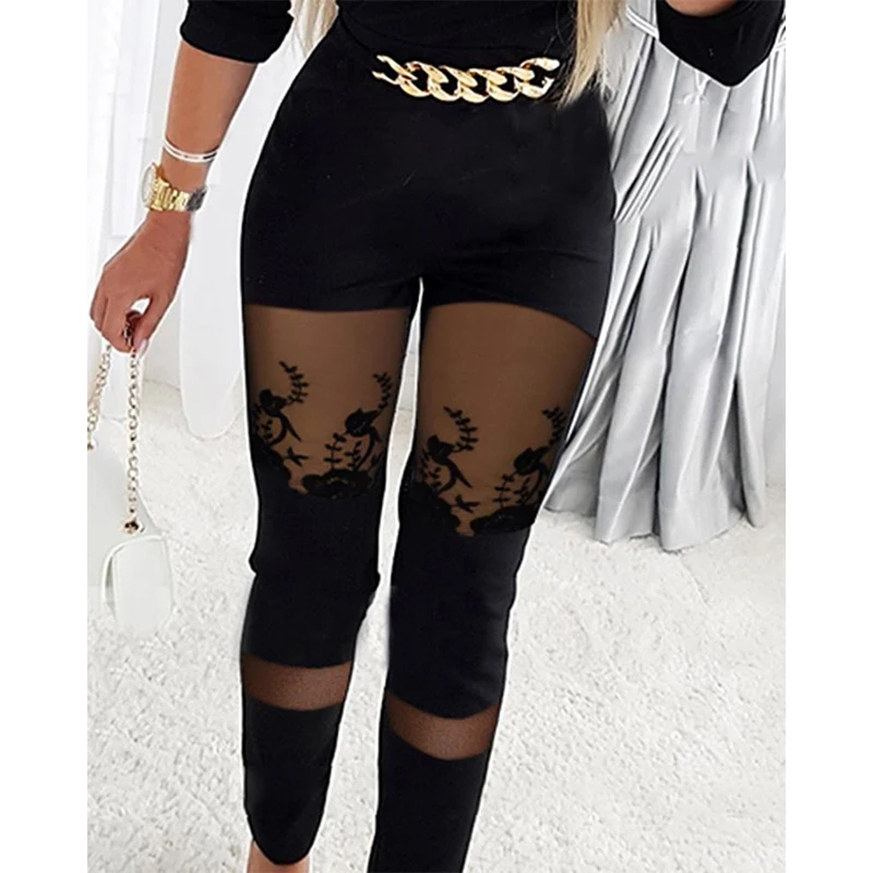 Divasily 2022 Chain Decor Contrast Mesh Long Sleeve Jumpsuit Women Casual Long Pants Overalls
