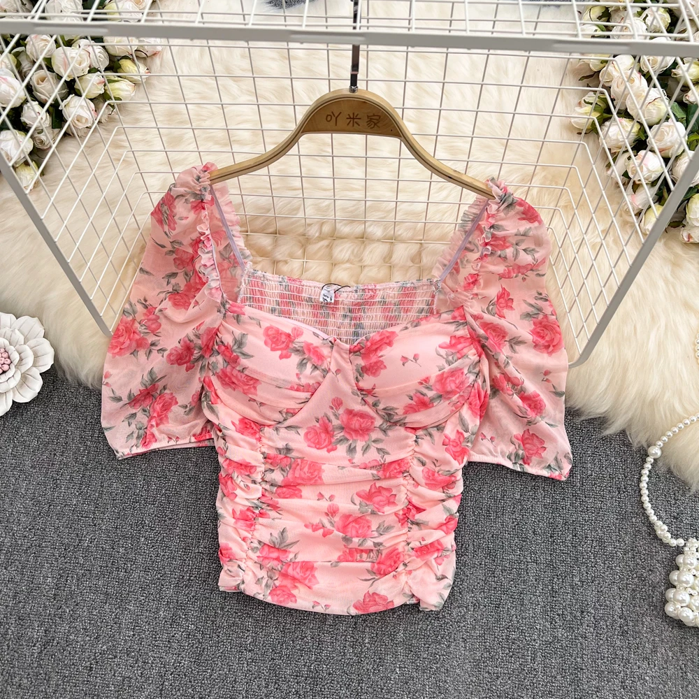 

Дизайнерская тонкая и тонкая шифоновая рубашка с коротким рукавом и квадратным вырезом, Женский шикарный короткий топ