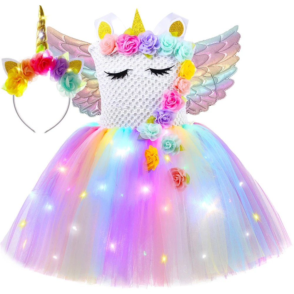 

Платье принцессы с единорогом для девочек, платье-пачка со светодиодсветильник кой и цветами, костюм на Хэллоуин, Детские платья для дня рождения, платья для девочек