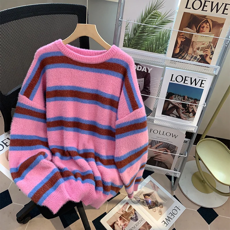 

Женский свитер в полоску, вязаный пуловер оверсайз в японском стиле, Свитера с принтом для осени и зимы