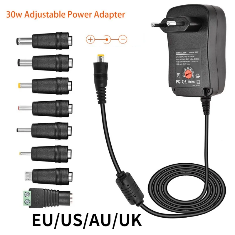 

AWIND 30W Power Adapter 3V 4.5V 5V 6V 7.5V 9V 12V AC DC Charger Converter 5V 2.1A USB Port With 8pcs jack Adjustable Power Supp