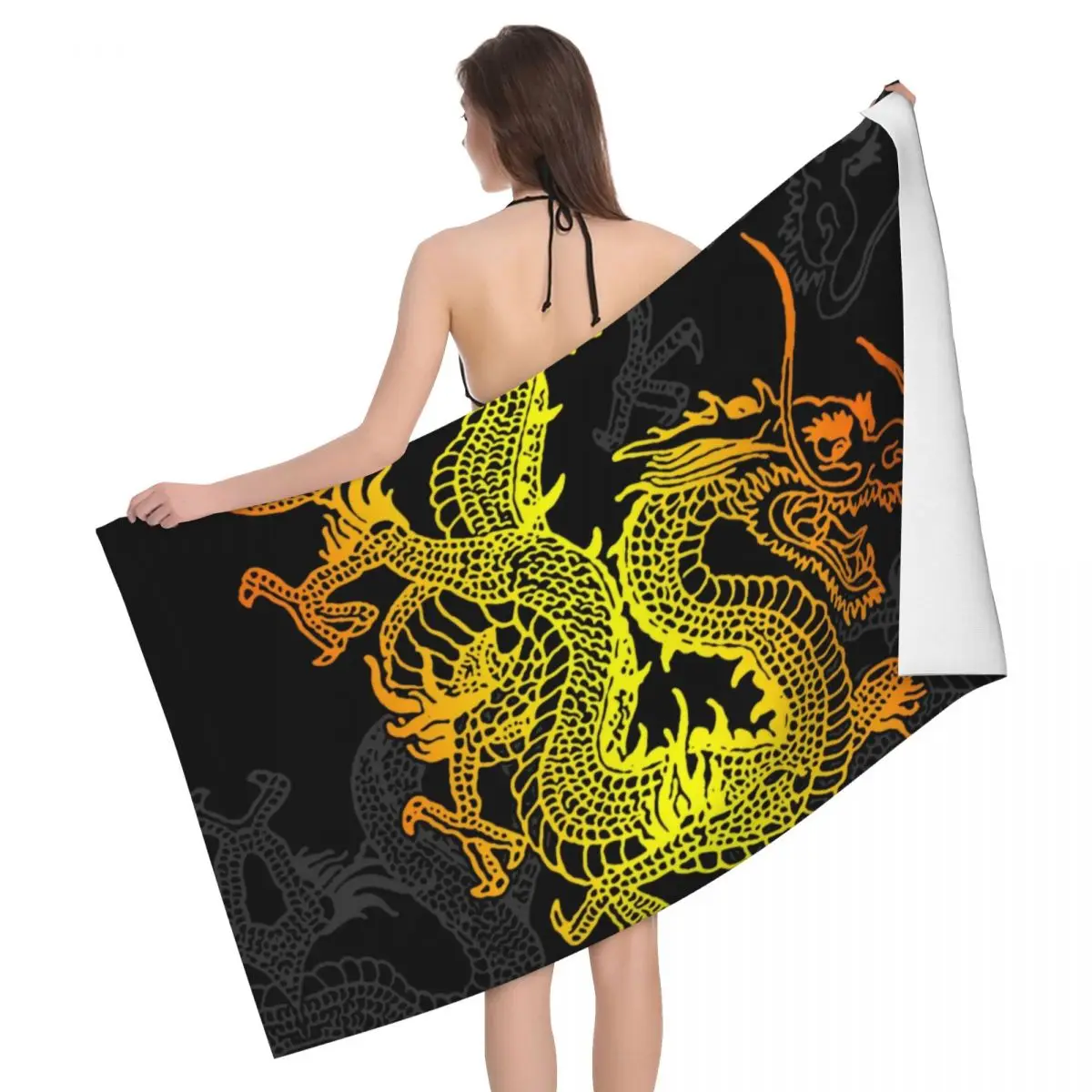 

Супермягкое пляжное банное полотенце из микрофибры с изображением золотого китайского дракона, быстросохнущее японское Восточное мифичес...