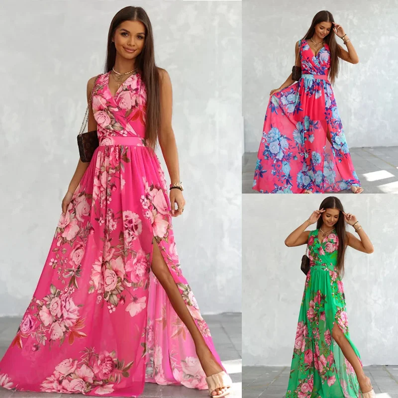 

Женское длинное платье с цветочным принтом, сексуальное платье с V-образным вырезом, праздничное пляжное платье, женское летнее платье в евр...