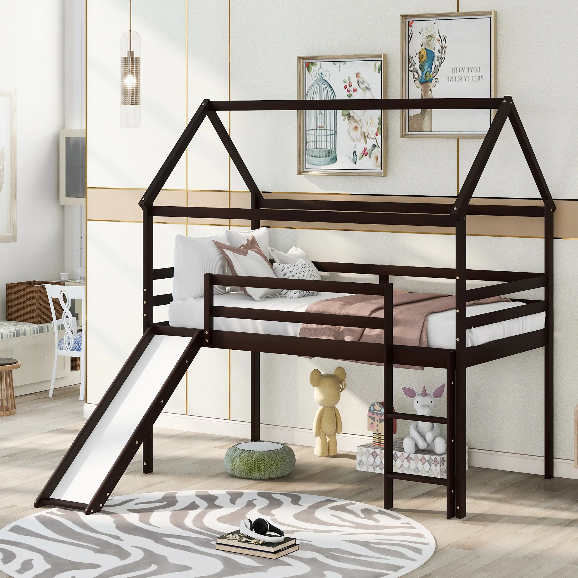 

Home Modern Wooden Furniture Bedroom Furniture Beds Frames Bases Twin Size Loft Bed With Slide House Bed With Slide Espresso