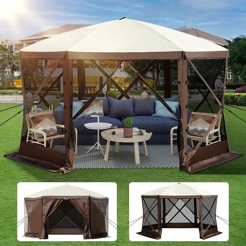 

Camping Gazebo Tent, 12'x12', 6 Sided - Screen Tent for 8 Person Camping, Waterproof Screen Shelter w/Portable Storage Bag, Gro