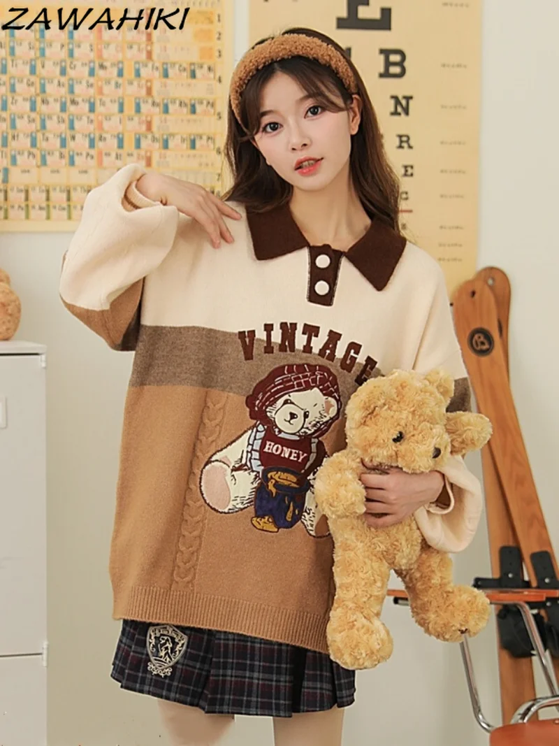 

Y2k Aesthetics Cartoon Baer Sweater Fairycore Kawaii Pullover Button-up Collar Japanese Harajuku Cute Knitwear Winter Clothes