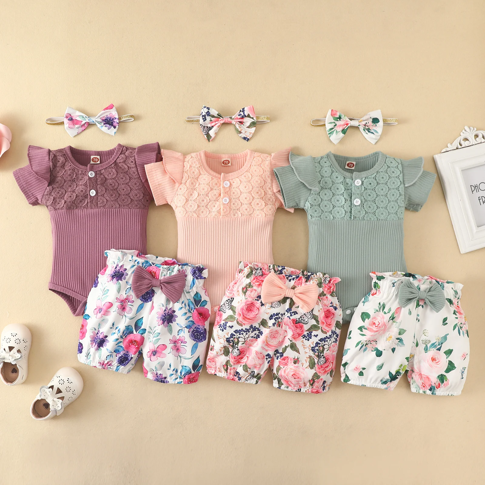 

Newborn Baby Girl Outfit Cotton 2022 Summer Baby Girl Clothes Set Lace Romper+floral Shorts Headband 3 Piece Suit Baby Clothing