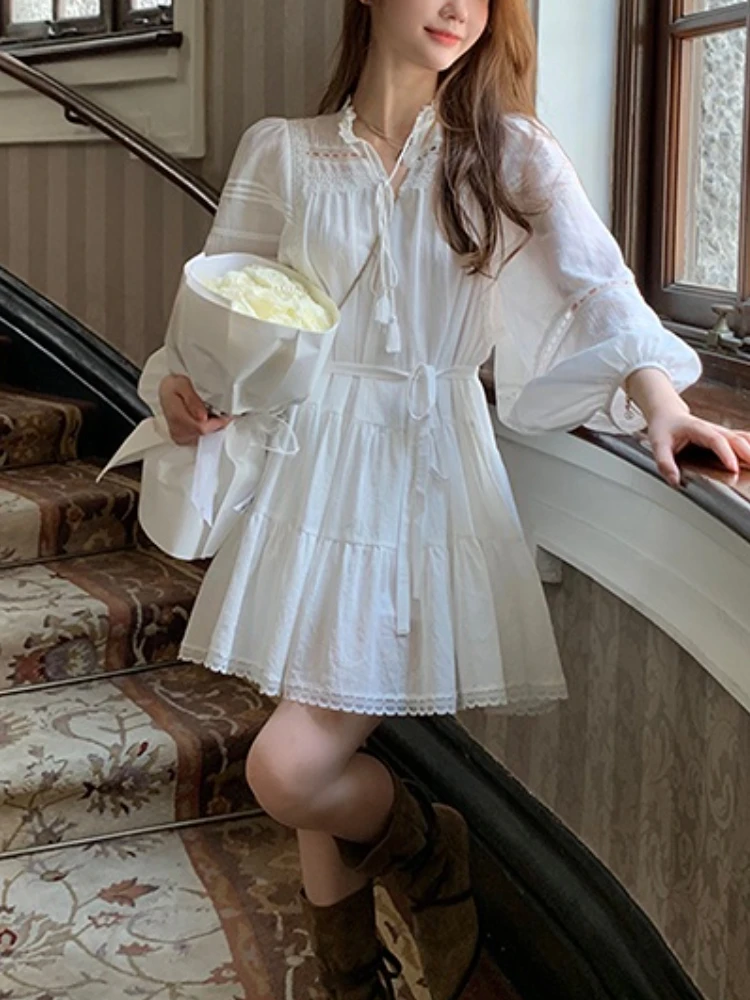 

Французское винтажное платье с рукавами-фонариками, женское кружевное милое повседневное мини-платье трапециевидной формы с вырезами, мод...