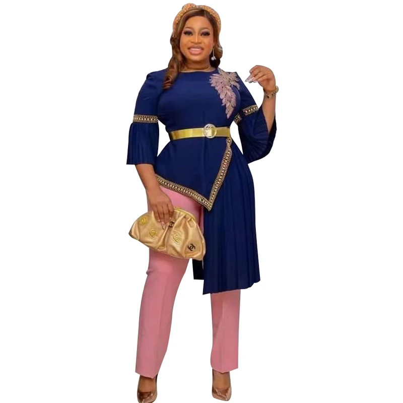 

African Sets For Women 2022 Three Quarter Sleeve Beading African Elastic Bazin Baggy Pants Rock Style Dashiki Famous Suit