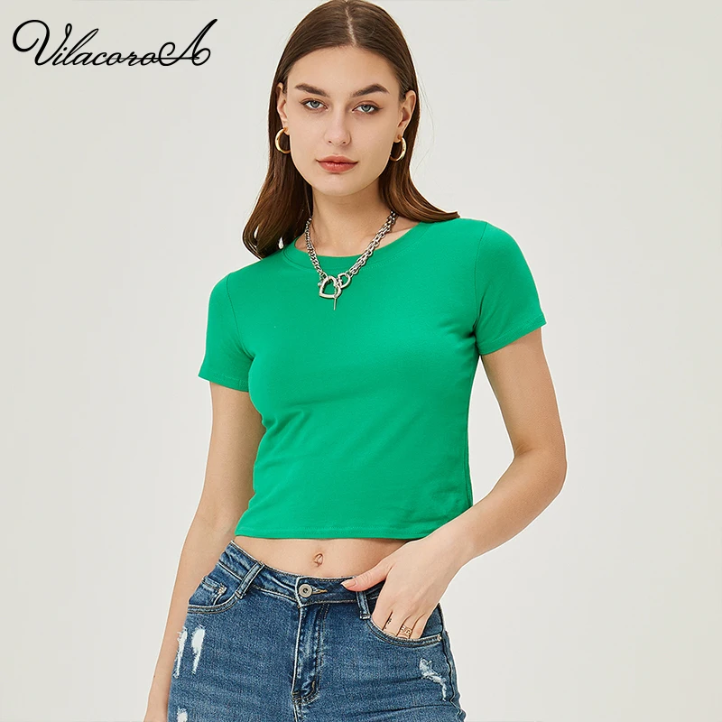 

Женский зеленый укороченный топ, облегающая футболка, Летняя женская одежда 7 цветов с коротким рукавом и круглым вырезом, футболка Y2K, черны...