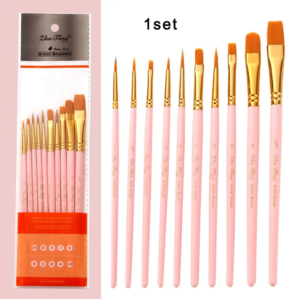 

10pcs Nylon Artist Paint Brush Professional Watercolor Acrylic Wooden Handle Painting Brushes Art Supplies Stationery