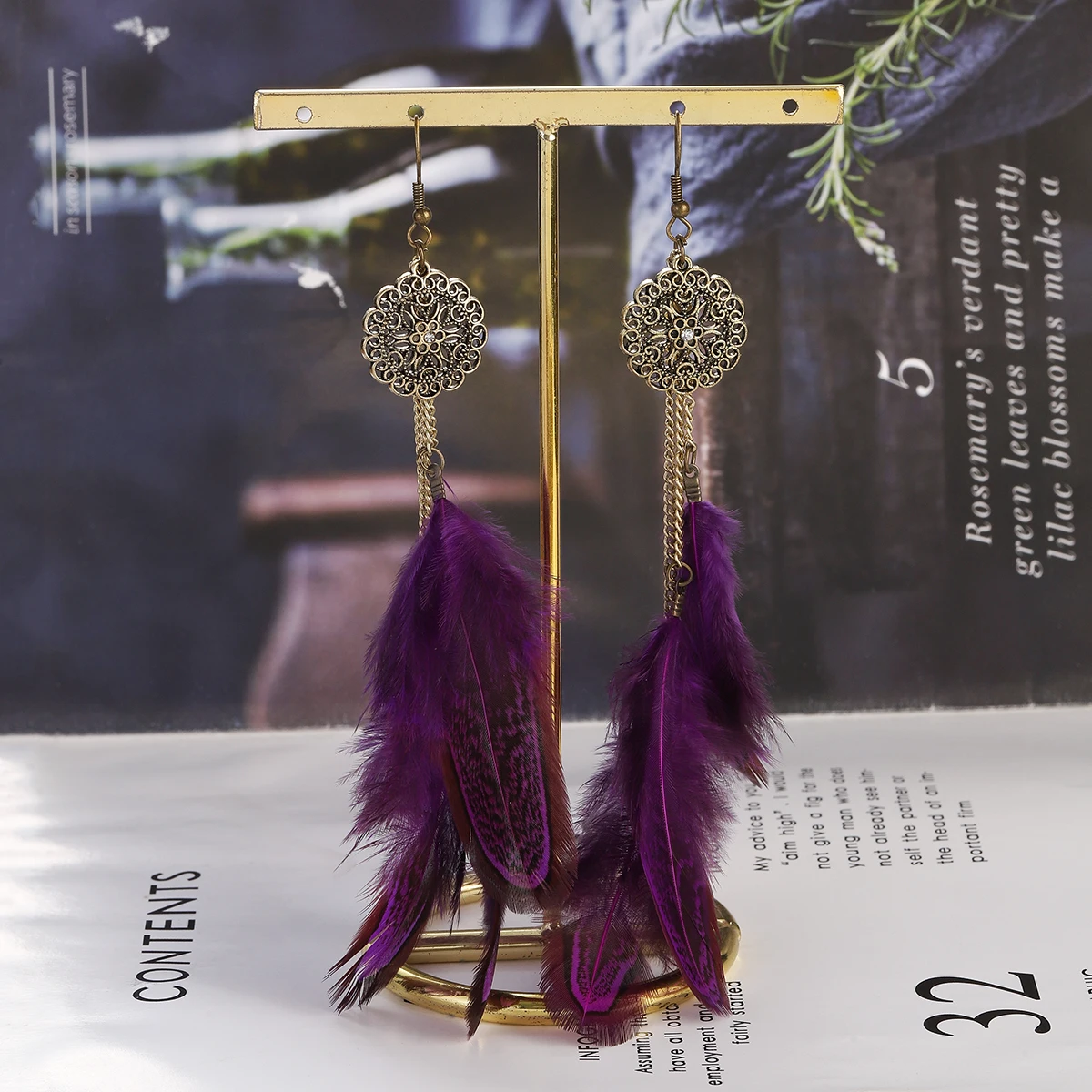 Серьги с зелеными перьями в богемном стиле ретро антикварные полые длинные