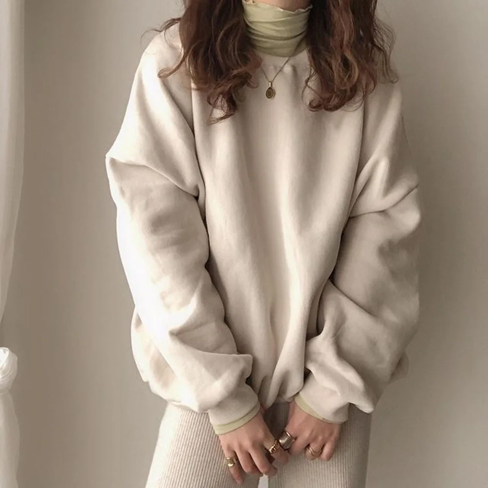 

Женская толстовка с капюшоном, новинка 2021, свободные пуловеры с круглым вырезом, обычная простая повседневная свободная толстовка, Женский ...