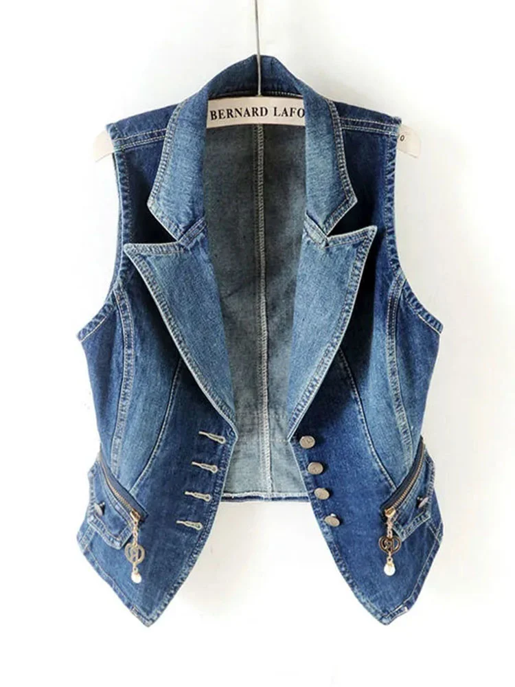Casual Female Tops Women Denim Vest Jacket Spring Autumn Clothes Sleeveless Short Jeans Waistcoats Single-Breasted 5XL