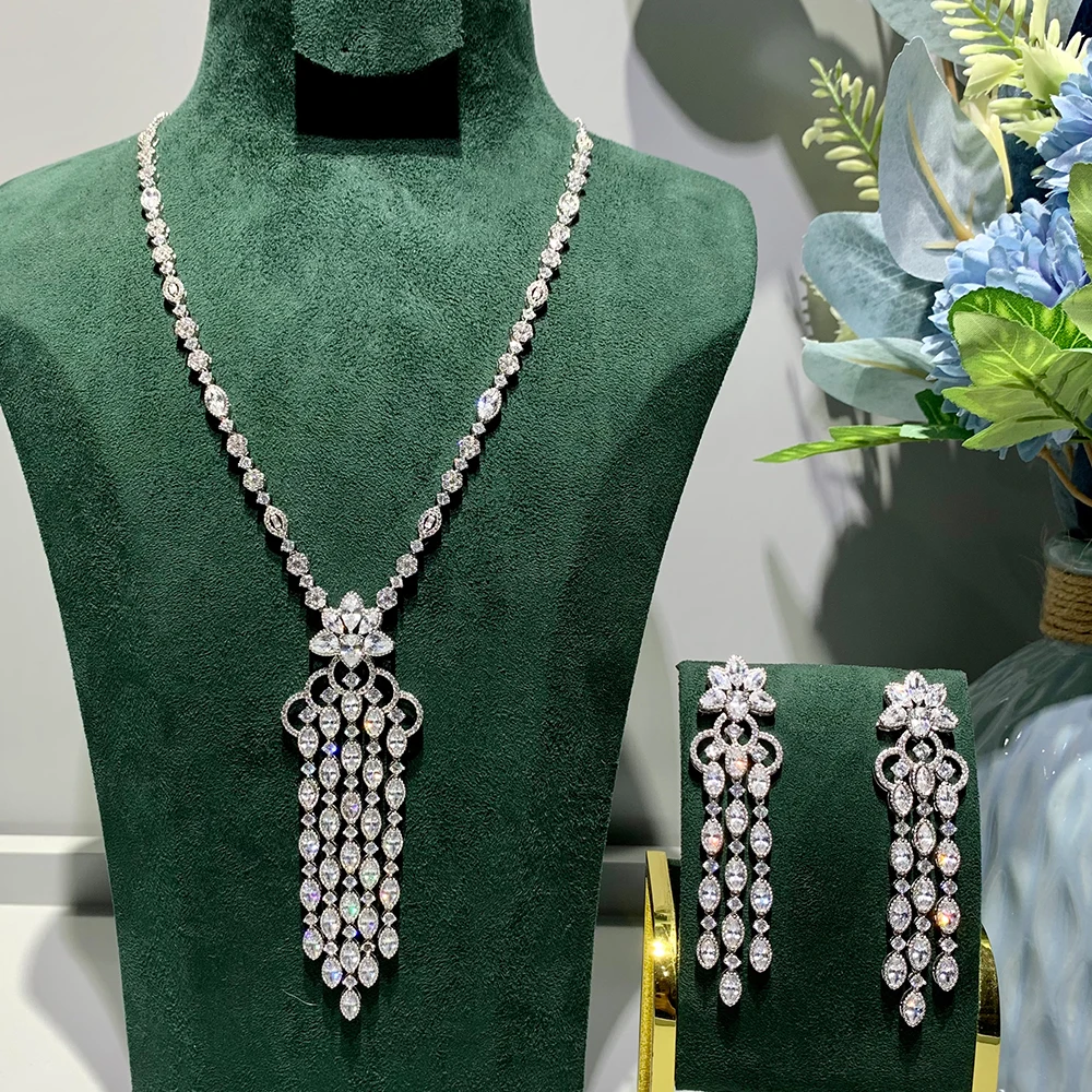 

TIRIM Women Long Necklace Set AAA Cubic Zirconia Necklace Set Sweater Chain Necklace Drop Pendant Necklace Wedding Dress Jewelry