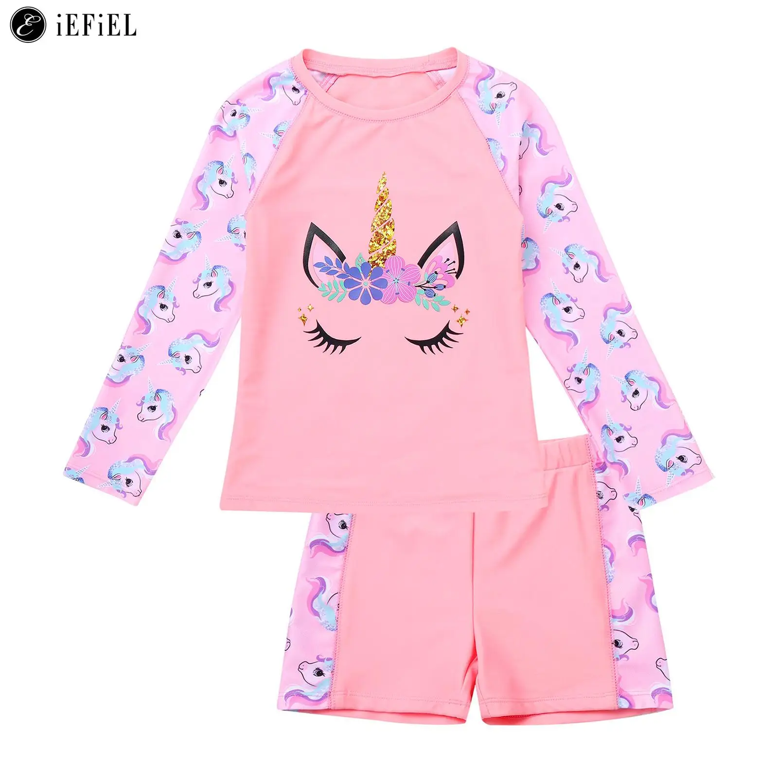 

2Pcs Kids Girls Mermaid Rash Guard Swimsuits Long Sleeve Swim Shirt with Shorts UPF 50+ Sun Protection Swimwear Bathing Suit