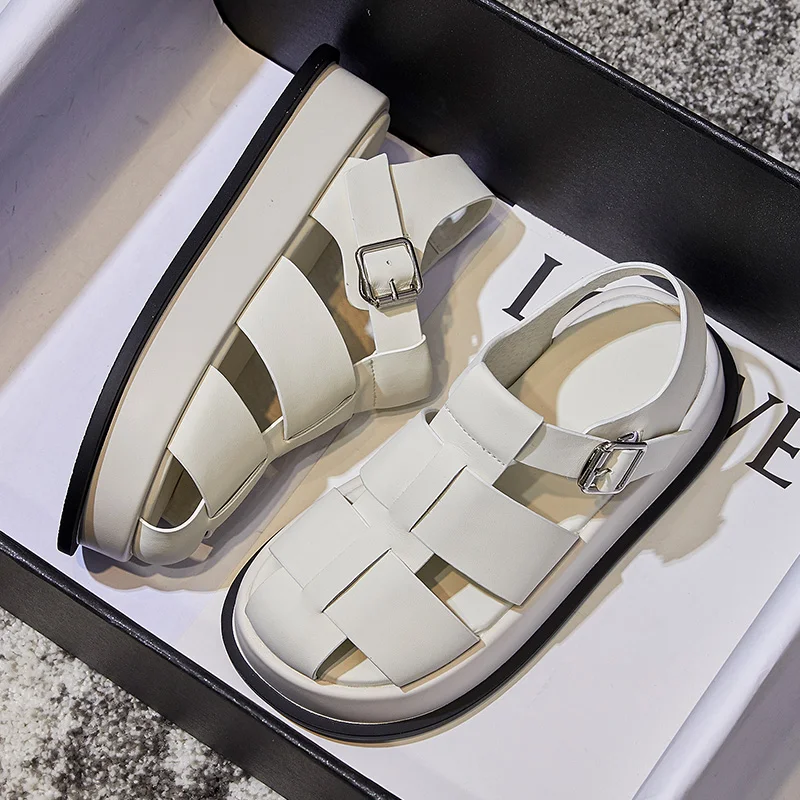 LSXJK Casual Women Sandals 2022 Summer Shoes Genuine Leather Fashion Flats Slippers Female Cut-outs Black White Beach Shoes