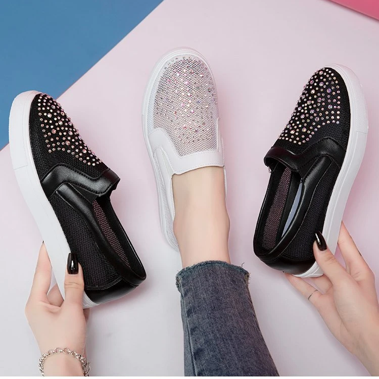 

Mesh Deep Mouth Muffin Sole Shoes Round Head Pu Sleeve Low Heel Flat Bottom Casual Diamond Women's Shoes Large Size 35-43