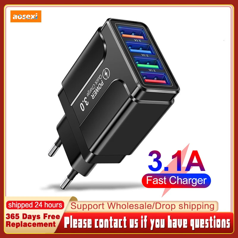 

Aosexi 3.1A 4 Port USB Fast Charger For iPhone 13 12 11 Pro Samsung Xiaomi Huawei Mobile Phone Chargers Fast Charging