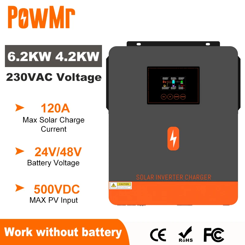 

PowMr 6.2KW 4.2KW 3.6KW Hybrid Solar Inverter On Grid Pure Sine Wave Inverter 24V 48V 230V PV Input Max 500vdc MPPT 120A Charger