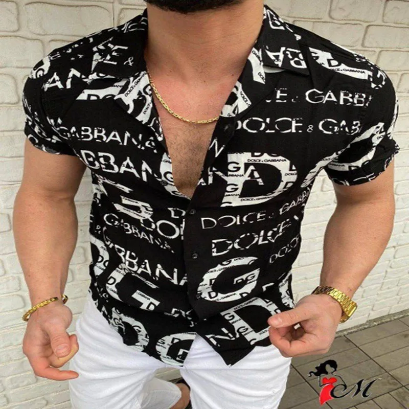 

2022 New Spring Summer Men's Short Sleeve Hawaiian Shirt Casual Letter Print Slim Fit Brand Men's Clothing