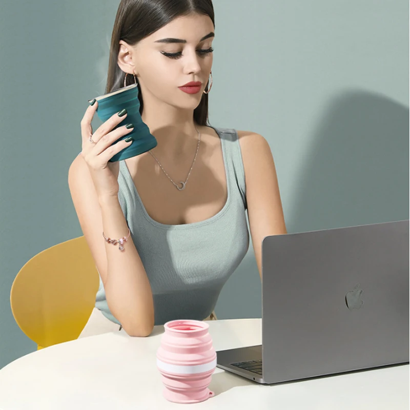 Силиконовая складная дорожная чашка 320/350 мл кофейная с крышкой многоразовая