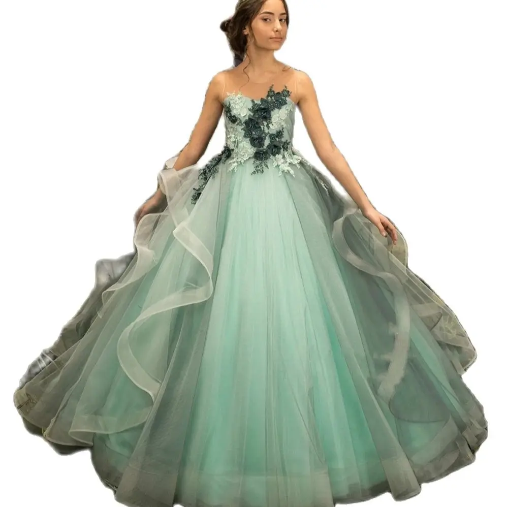 

Green Ball Gown Flower Girl Dresses Wedding Party Appliques Beads Flowers Princess Birthday Pageant Robe De Demoiselle