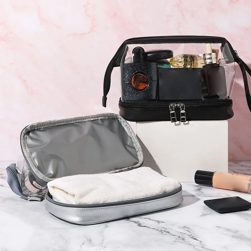 Двухслойные прозрачные водонепроницаемые косметички с удобной ручкой