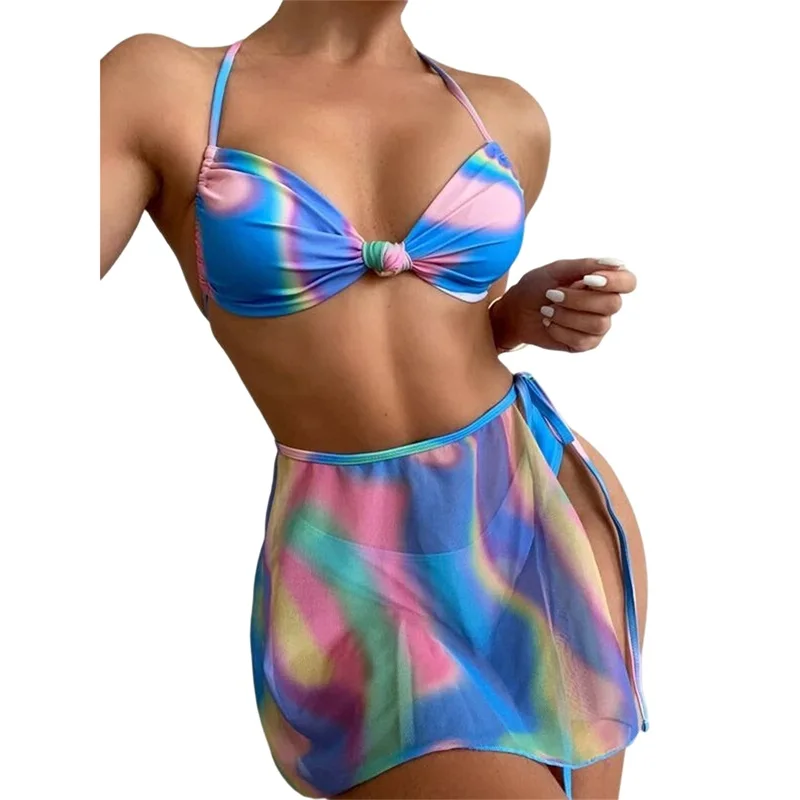 

Women's Summer 3Pcs Bikini Sets Hanging Neck Tie Up Bra + Tie Dye Print Thong + Hollow Out Skirt