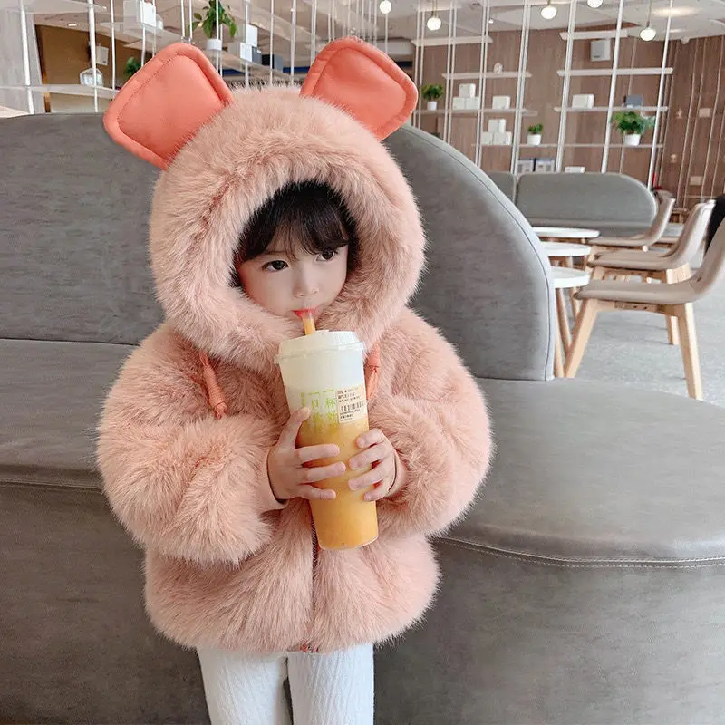 

Cute Ears Plush Baby Jacket Sweet Princess Girls Fur Coat Autumn Winter Warm Hooded Outerwear Toddler Girl Clothes TZ328