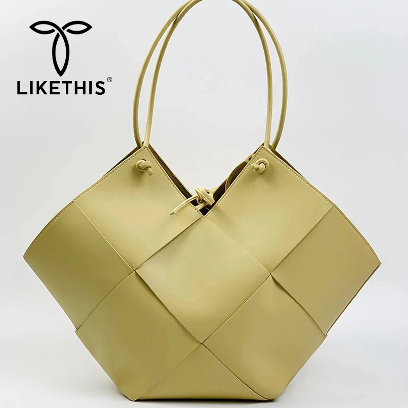 

LIKETHIS Large Capacity Tote Bag for Women Brand Luxury Designer Weaving Process Genuine Leather Shopper Shoulder Bags for Woman