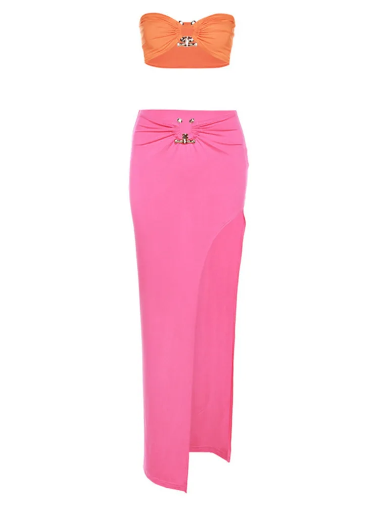 

Летний комплект из двух предметов для женщин 2022, модный топ-труба в стиле пэчворк и длинная юбка, сексуальная уличная одежда, женские костюмы, клубная одежда