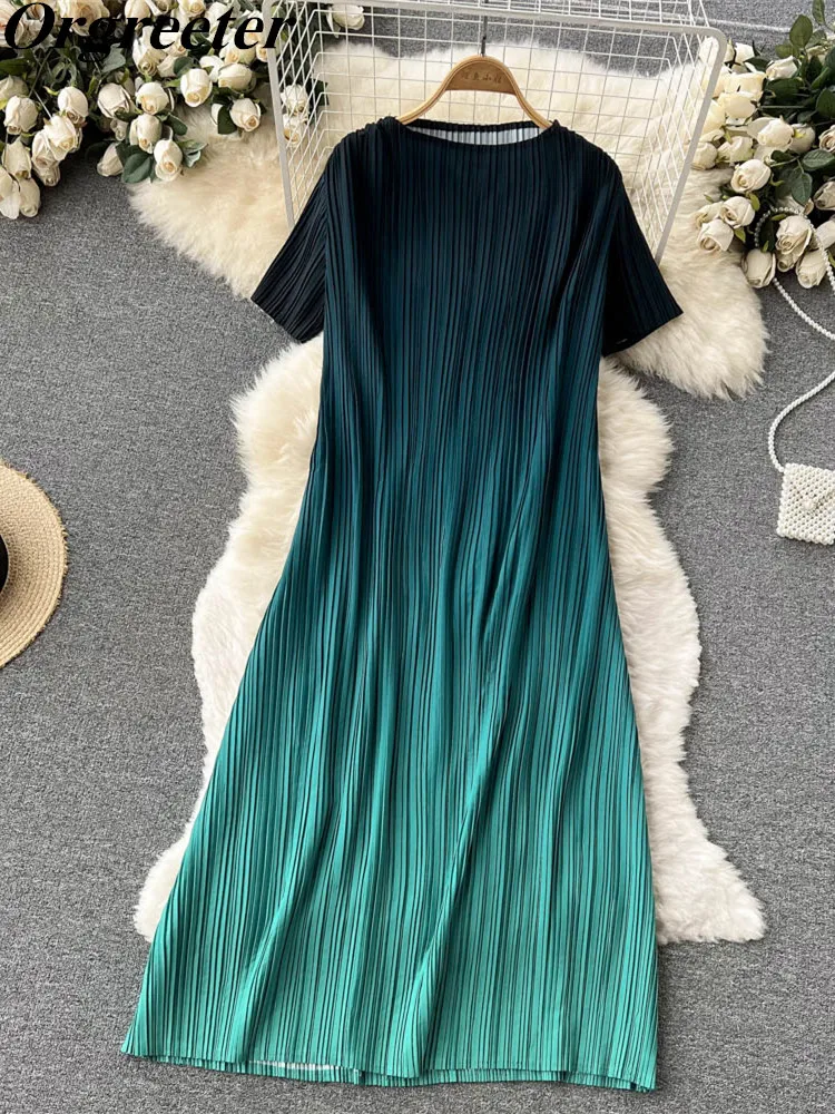 

Женское длинное свободное платье с градиентом, летнее платье с коротким рукавом, элегантное женское эластичное плиссированное платье