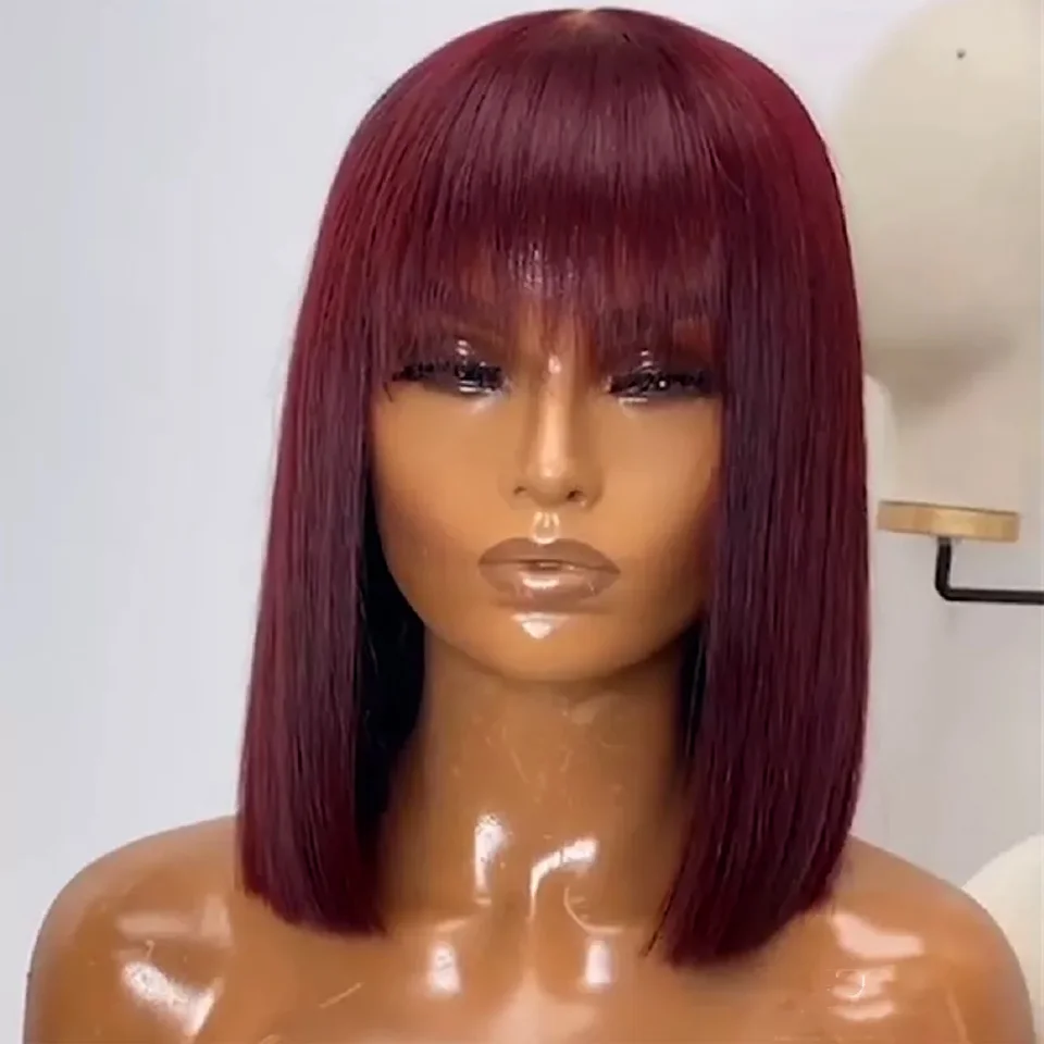 99J Burgundy Red Short Human Hair Wig with Fringe for Women Straight Remy Hair Bob Wigs With Bangs Dark Brown Balayage Color