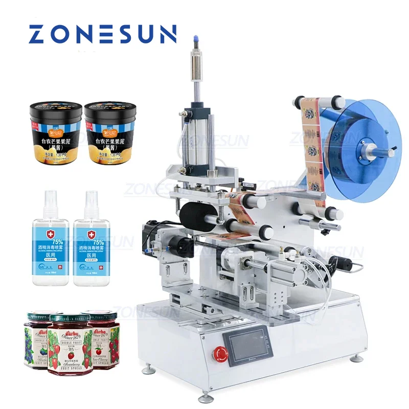 

ZONESUN Semi Automatic Tabletop Label Applicator Lighter Oval Irregular Bottle Plastic Beverage Can Labeling Machine ZS-TBT805