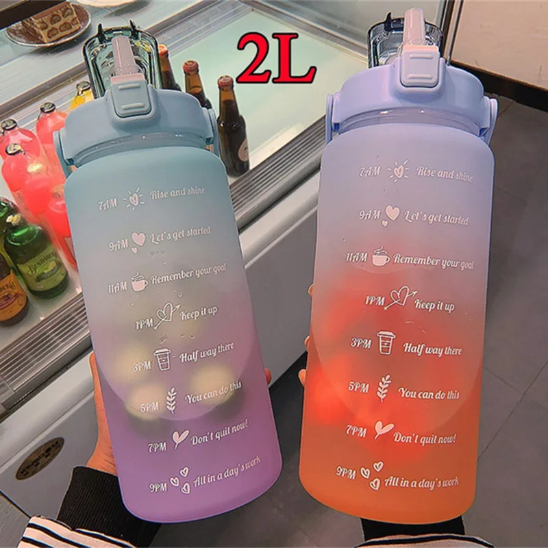 

2L Large-capacity Water Bottle With Time marker and straw Bounce Lid Leak-proof Frosted Cup For Outdoor Sports And Fitness Water