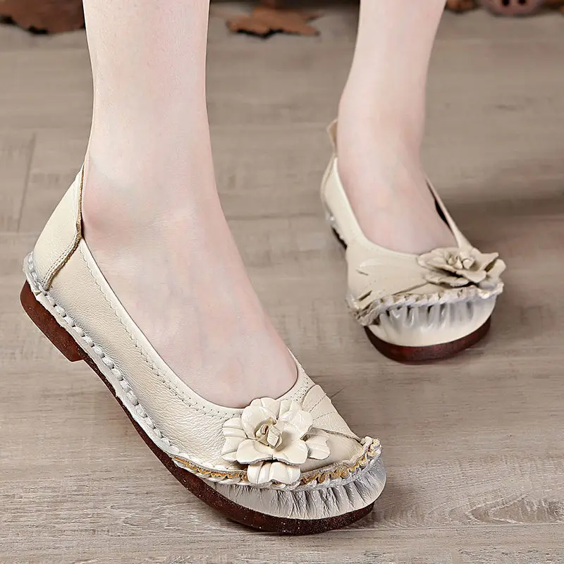 

2023 Fashion Women Shoes Genuine Leather Handmade Mom Flats Top Quality Shallow Oxford Loafers Ladies Retro flower Moccasins